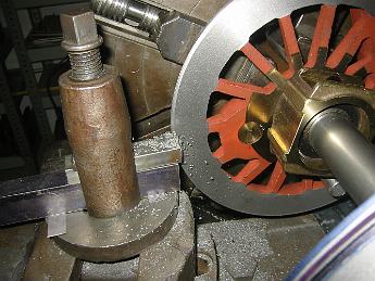  8-Dec-07 We're almost done! Having turned the 3 degree taper on the tread (the main part of the wheel), we finish the wheel by putting a 10 degree taper on the flanges.